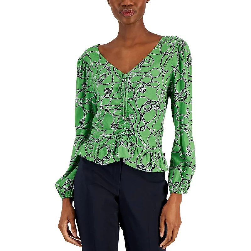 Tommy Hilfiger Womens Printed Ruched Blouse Subtle Shimmer Blouse