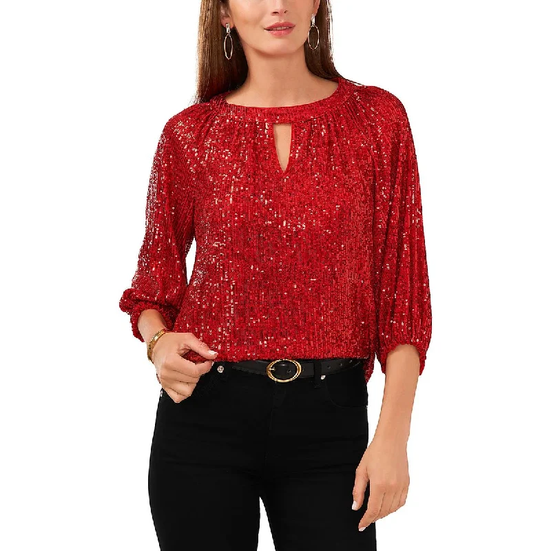 Vince Camuto Womens Sequined Keyhole Blouse Chic Wrap Blouse