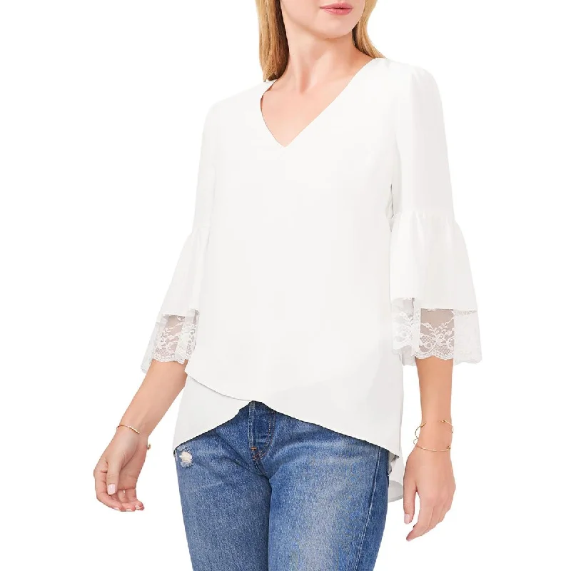 Vince Camuto Womens V-Neck Lace Blouse Floral Chiffon Blouse