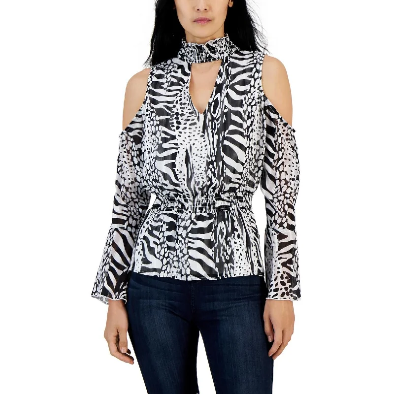 Willow Drive Womens Animal Print Open Back Blouse Bell Sleeve Blouse