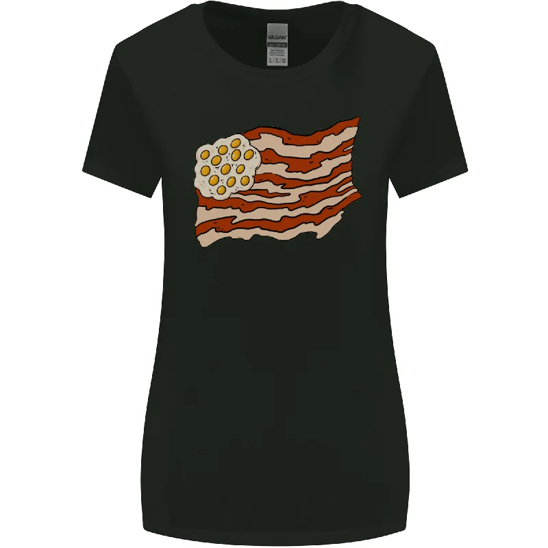 Bacon Egg Stars and Stripes Flag Funny USA Womens Wider Cut T-Shirt Striped Floral Plaid