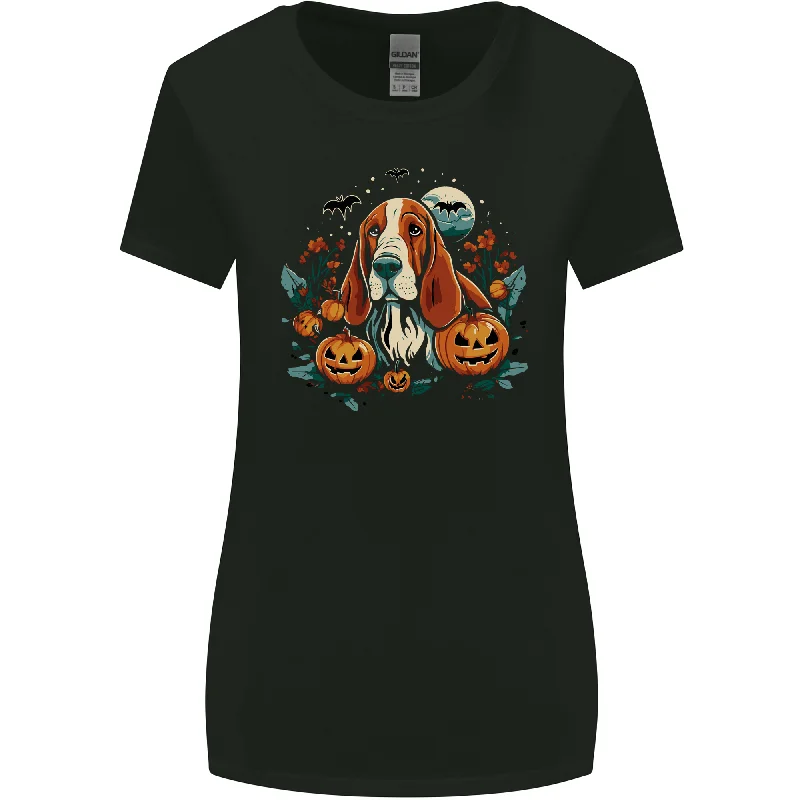 Basset Dog With Pumpkins Halloween Womens Wider Cut T-Shirt Striped Floral Plaid