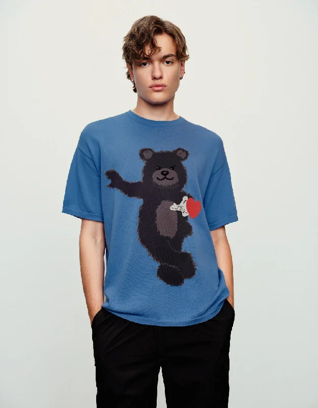 Bear Printed Knitted T-Shirt Collared Crew Neck Turtle Neck