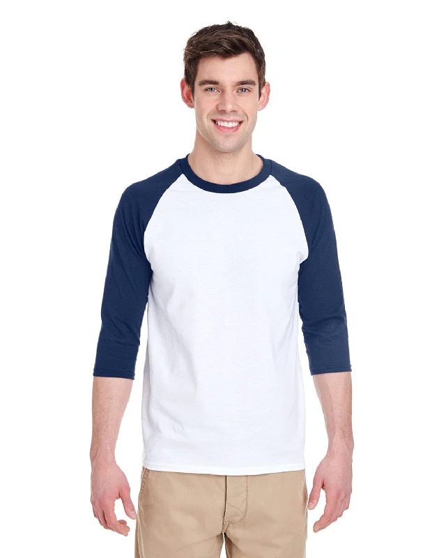 Gildan Heavy Cotton 3/4-Raglan Sleeve T-Shirt | White/ Navy Solid Color Striped Floral