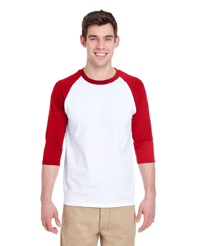 Gildan Heavy Cotton 3/4-Raglan Sleeve T-Shirt | White/ Red Zippered Buttoned Snapped