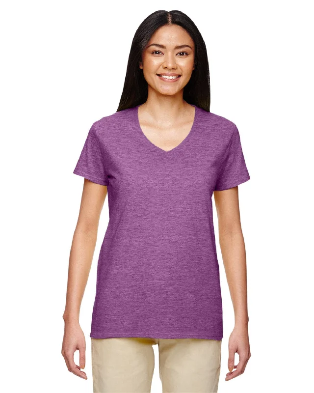 Gildan Ladies Heavy Cotton 5.3 oz. V-Neck T-Shirt | Hthr Rdnt Orchid Fleece Nylon Spandex