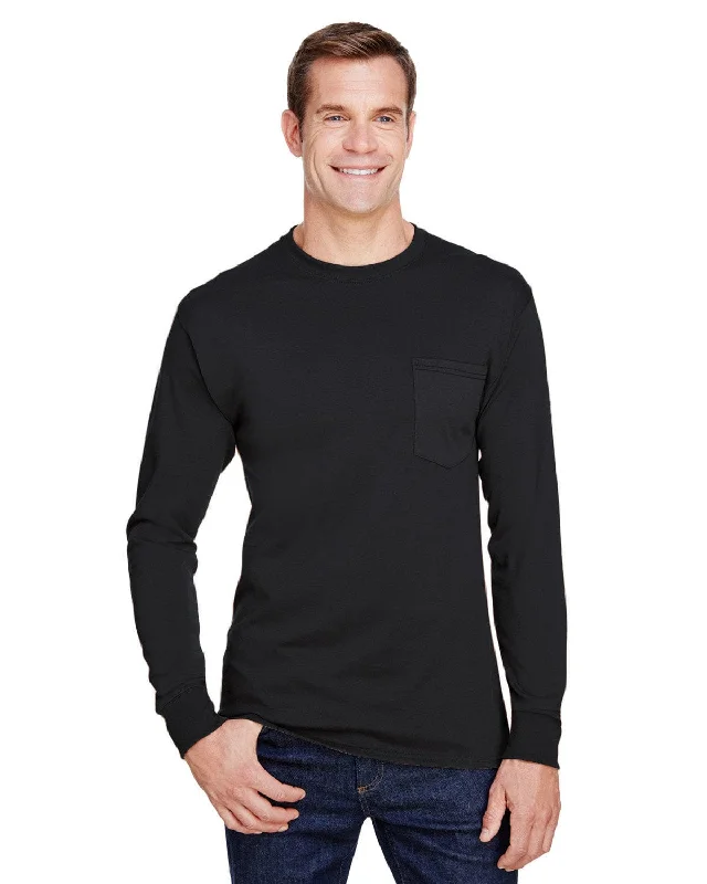 Hanes Workwear Long Sleeve Pocket T-Shirt | Black Mesh Canvas Denim