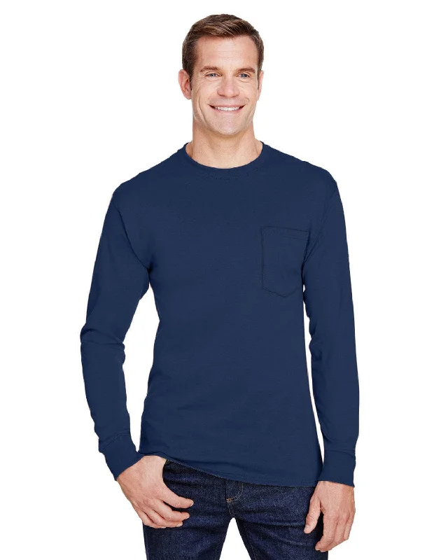 Hanes Workwear Long Sleeve Pocket T-Shirt | Navy Zippered Buttoned Snapped