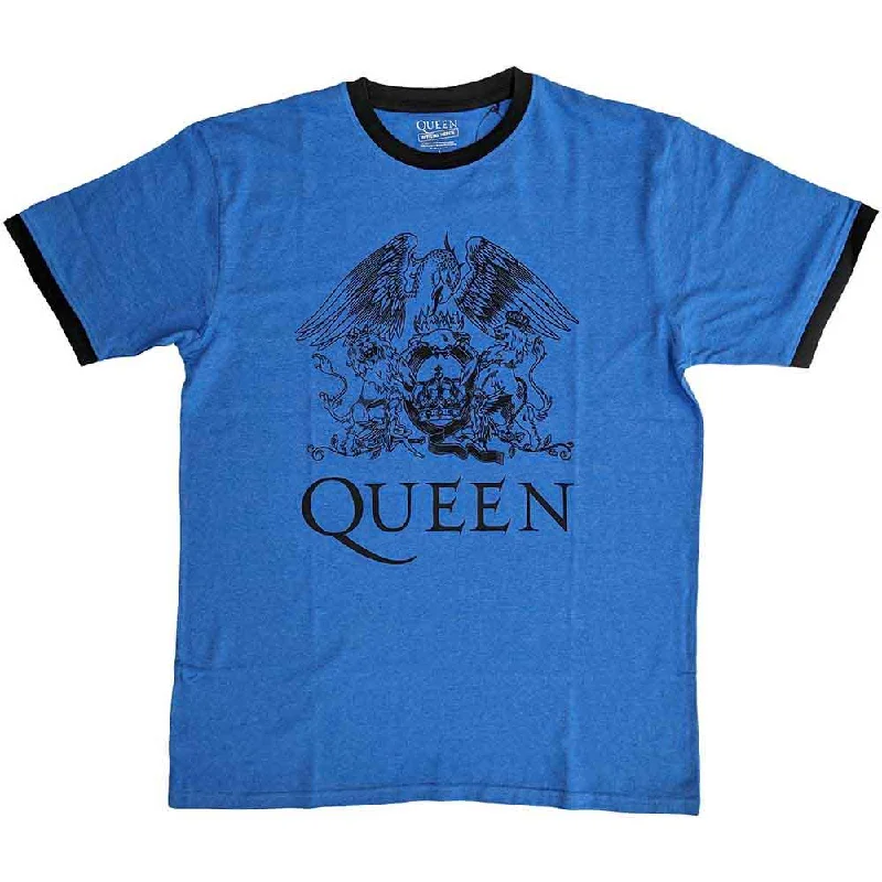 Queen | Official Band Ringer T-Shirt | Crest Logo Print Jacquard Patchwork