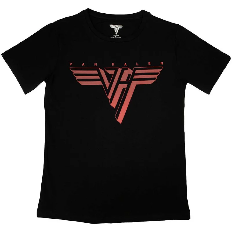 Van Halen | Official Band Ladies T-Shirt | Classic Red Logo Notch Collar Peter Pan Collar Cowl Neck