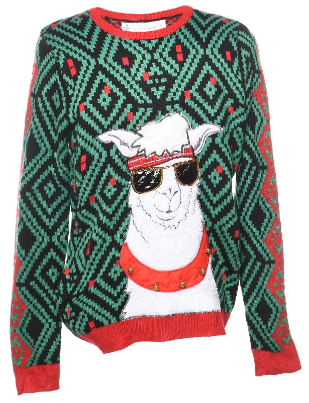 Animal Design Christmas Jumper - L Beaded Sweater Sequined Faux Fur