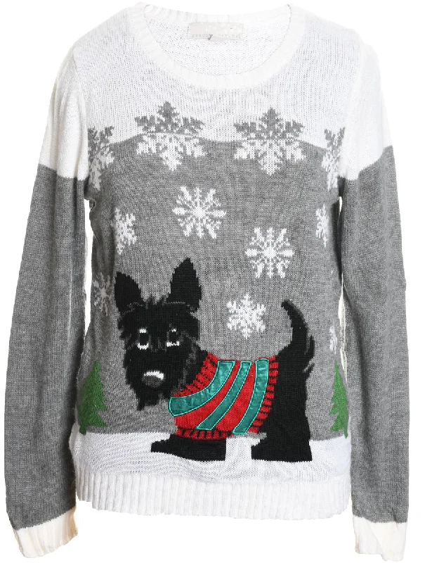 Animal Design Christmas Jumper - L Ribbed Striped Patterned