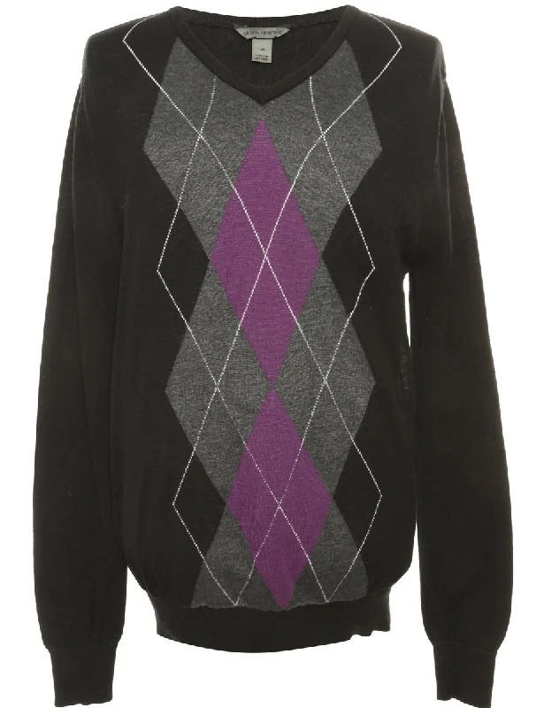 Argyle Black & Purple Knit Jumper - L Casual Formal Business