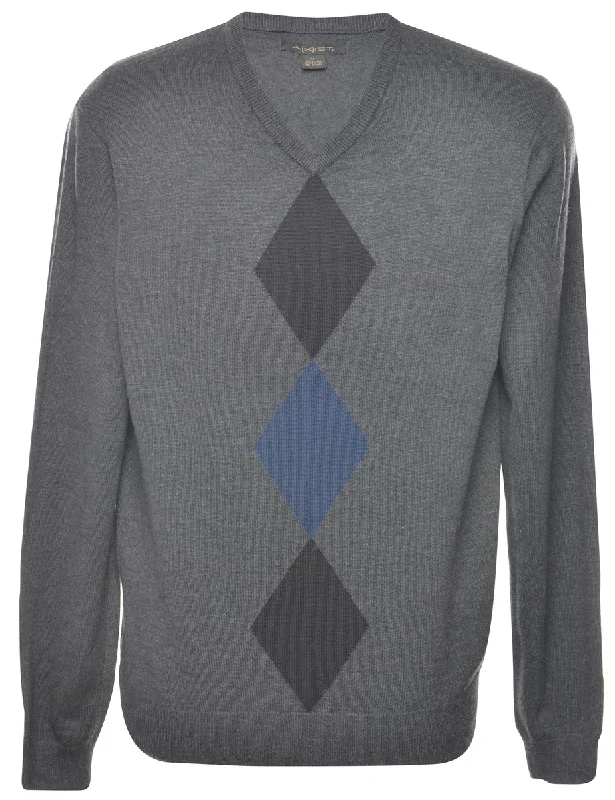 Argyle Dark Grey Jumper - M Herringbone Houndstooth Plaid