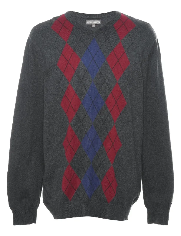 Argyle Dark Grey Jumper - XL Embroidered Appliqued Beaded