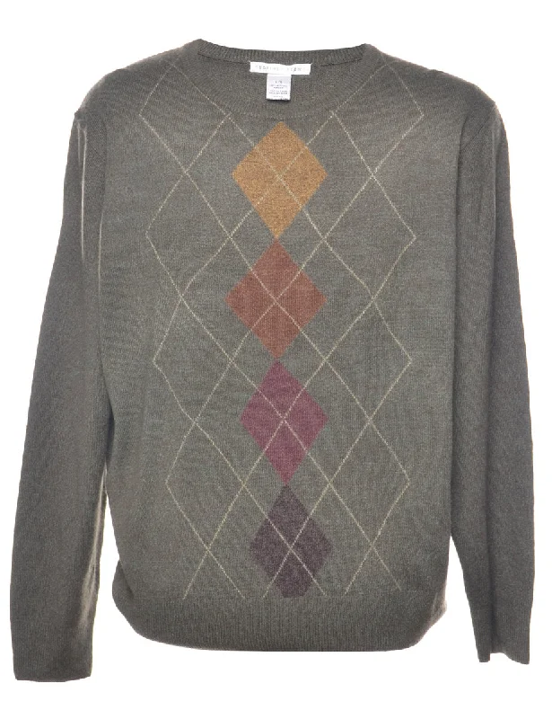 Argyle Grey Jumper - L Cashmere Blend Cotton Blend Poly Blend