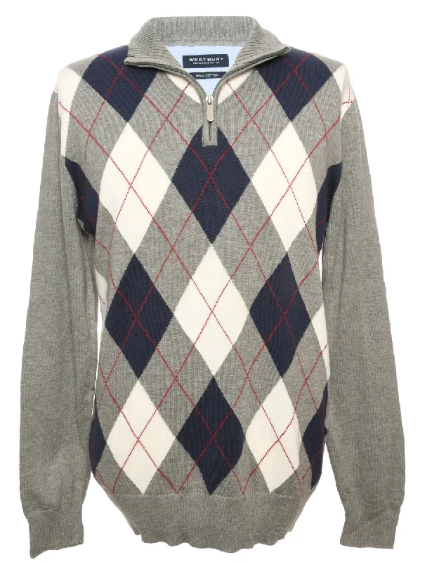 Argyle Grey Jumper - M Zippered Buttoned Snapped