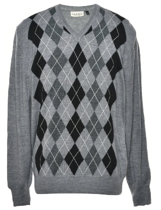 Argyle Jumper - L Plaid Sweater Polka Dot Checkered