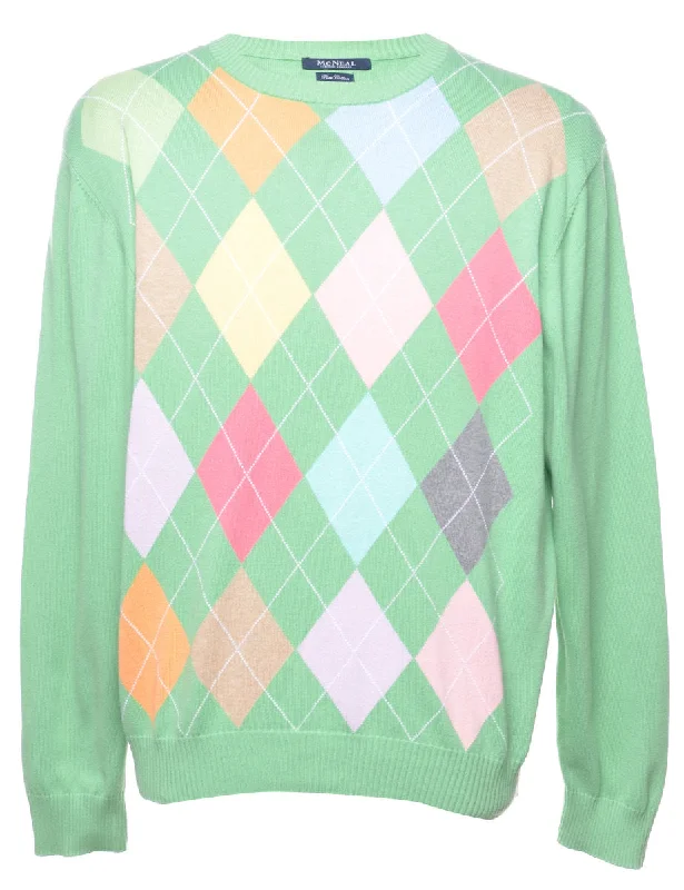 Argyle Knit Gren & Pink Jumper - L Denim Fabric Leather Fabric Suede Fabric