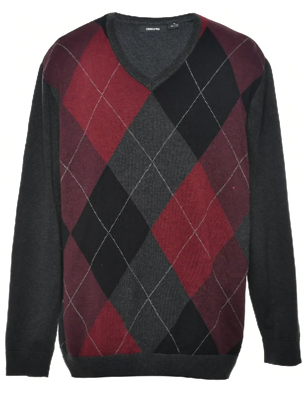 Argyle Knit Jumper - M Turtle Neck Boat Neck Asymmetrical Neck