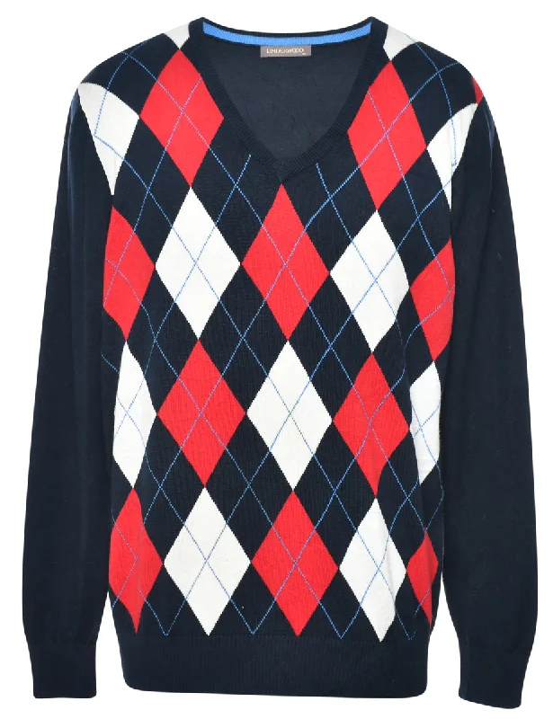 Argyle Knit Jumper - M Open Front Closed Front Wrap Front