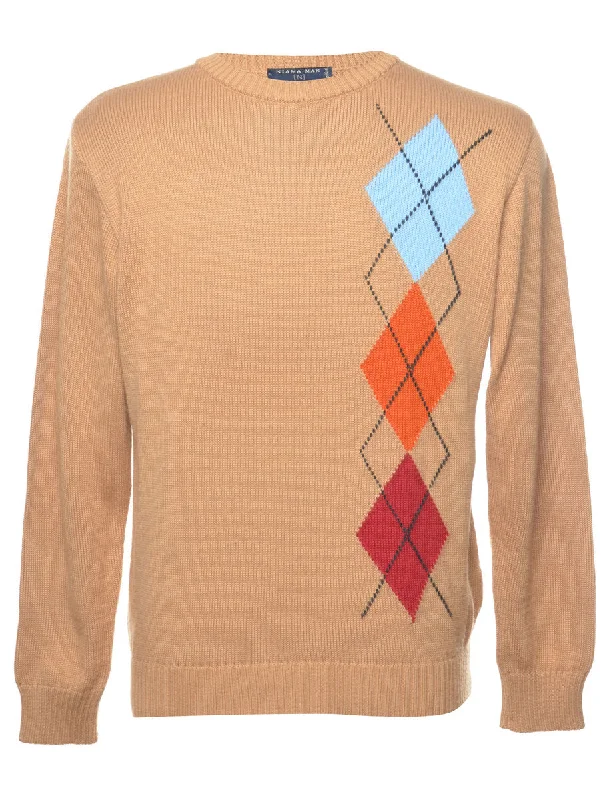 Argyle Light Brown & Orange Knit Jumper - L Plaid Sweater Polka Dot Checkered