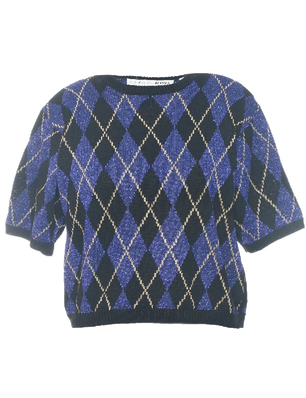 Argyle Lurex Thread Pattern Jumper - M Fleece Sweater Nylon Polyester