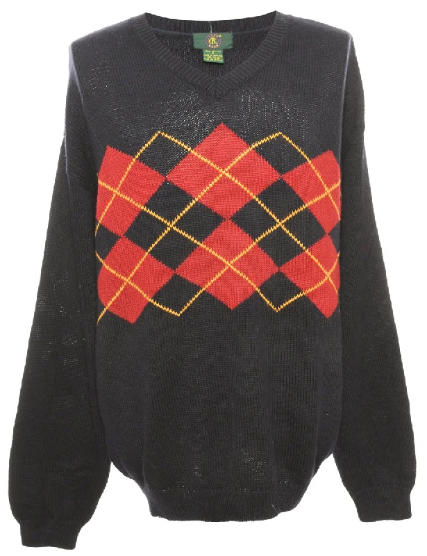 Argyle Navy & Red Jumper - M Terry Terry Cloth Terry Knit