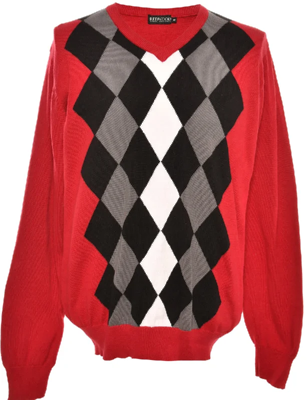 Argyle Red Jumper - M Casual Formal Business