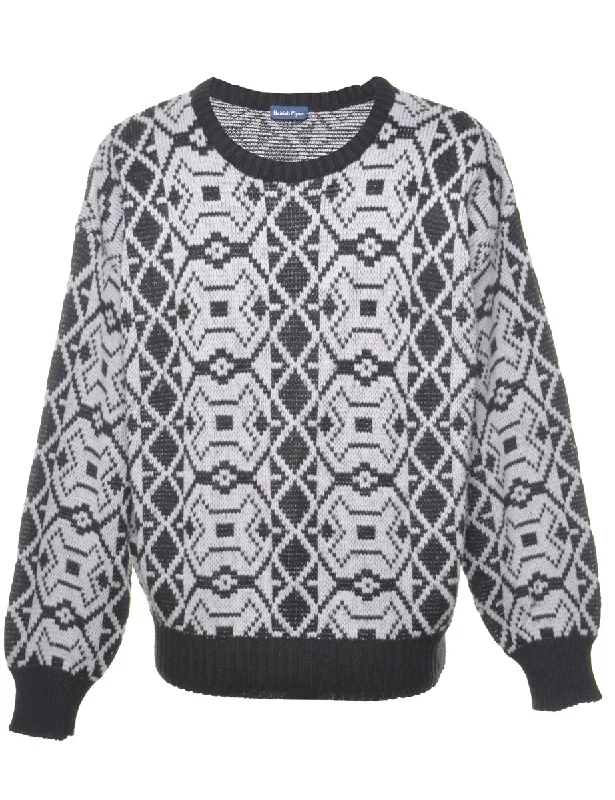 Aztec Design Black & Grey Patterned Jumper - M Glossy Satin Silk