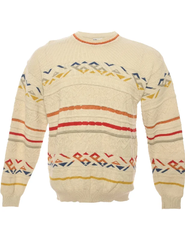 Aztec Off White Jumper - L Herringbone Houndstooth Plaid