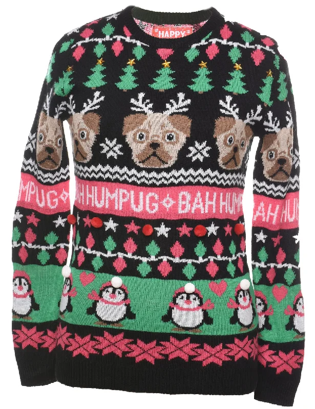 Bah Hum Pug Design Christmas Jumper - S Striped Floral Plaid