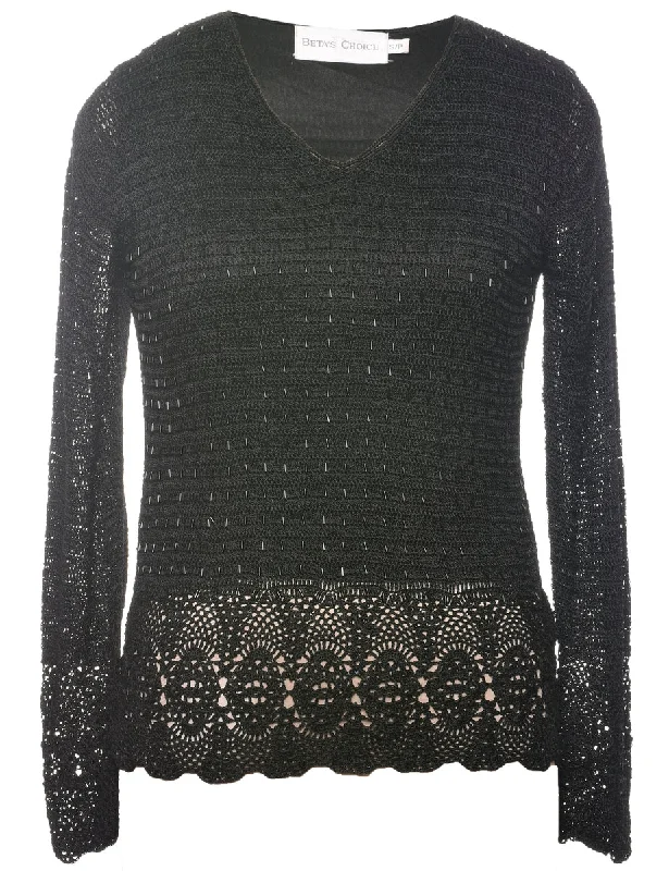 Beaded Black Jumper - S Notch Collar Peter Pan Collar Cowl Neck