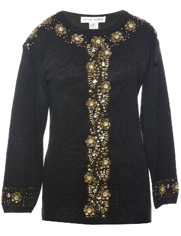 Beaded Black Jumper - S Toggled Drawstring Belted