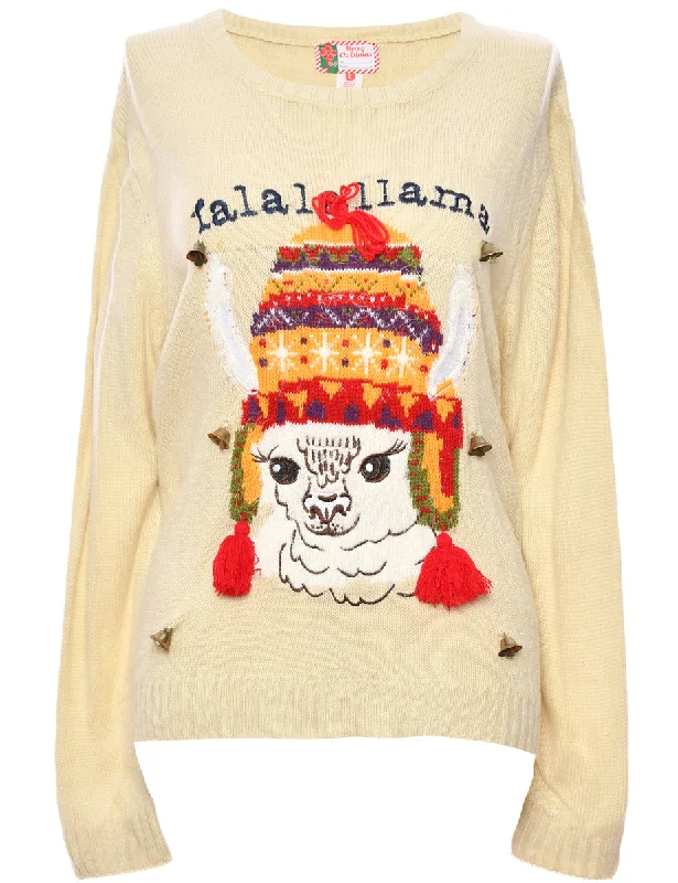 Beige Llama Christmas Jumper - XL Mesh Sweater Canvas Denim