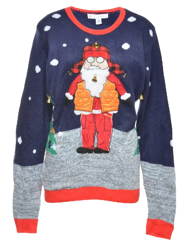 Beyond Retro Reworked Christmas Jumper With Bells - L Zippered Front Buttoned Front Snap Front