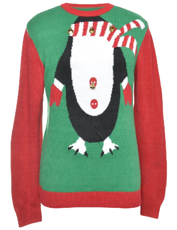 Beyond Retro Reworked Christmas Jumper With Bells - M Handmade Hand-knitted Hand-woven