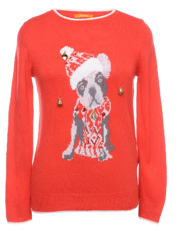 Beyond Retro Reworked Christmas Jumper With Bells - M Graphic Sweater Embroidered Appliqued