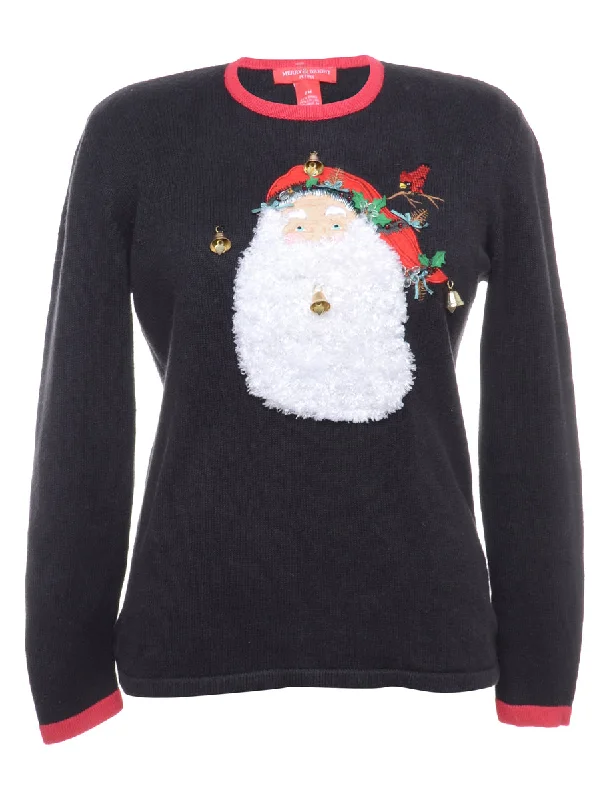 Beyond Retro Reworked Christmas Jumper With Bells - M Beaded Sweater Sequined Faux Fur