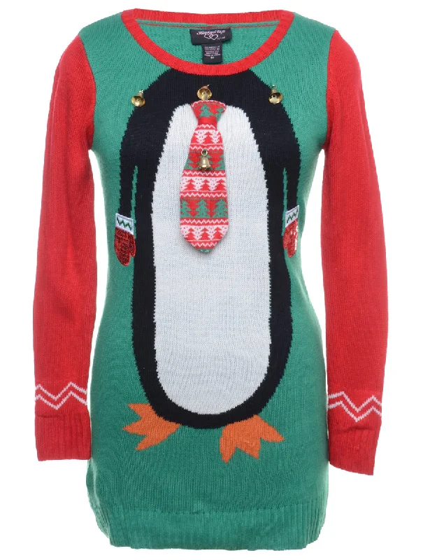 Beyond Retro Reworked Christmas Jumper With Bells - M Turtle Neck Boat Neck Asymmetrical Neck