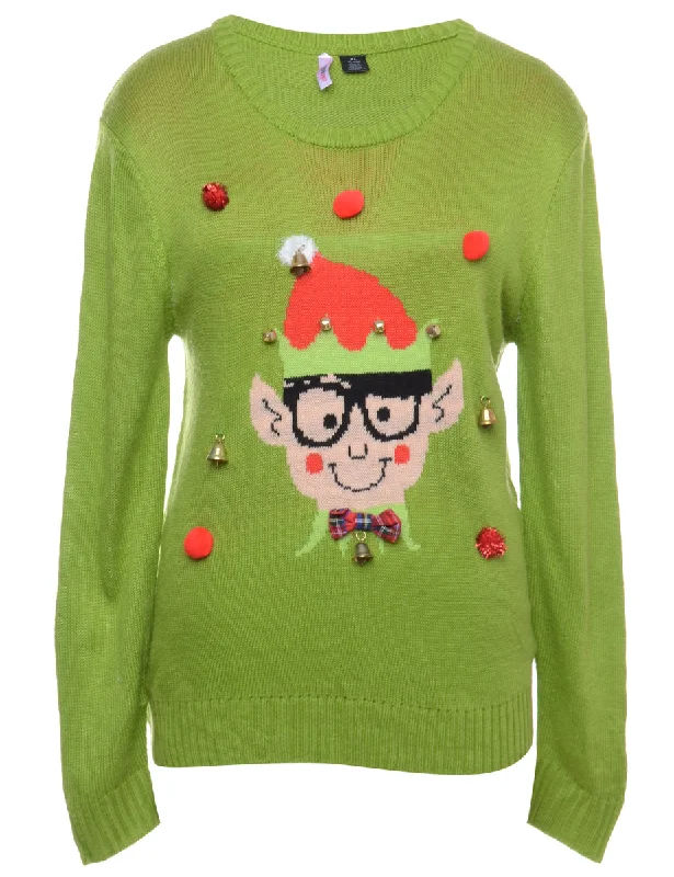 Beyond Retro Reworked Christmas Jumper With Bells - XL Print Jacquard Patchwork