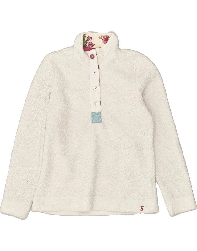 JOULES Womens Button Neck Fleece Jumper UK 8 Small Off White Polyester Open Front Closed Front Wrap Front