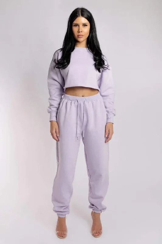 Oversized Cropped Jumper - Lilac Solid Print Embellished