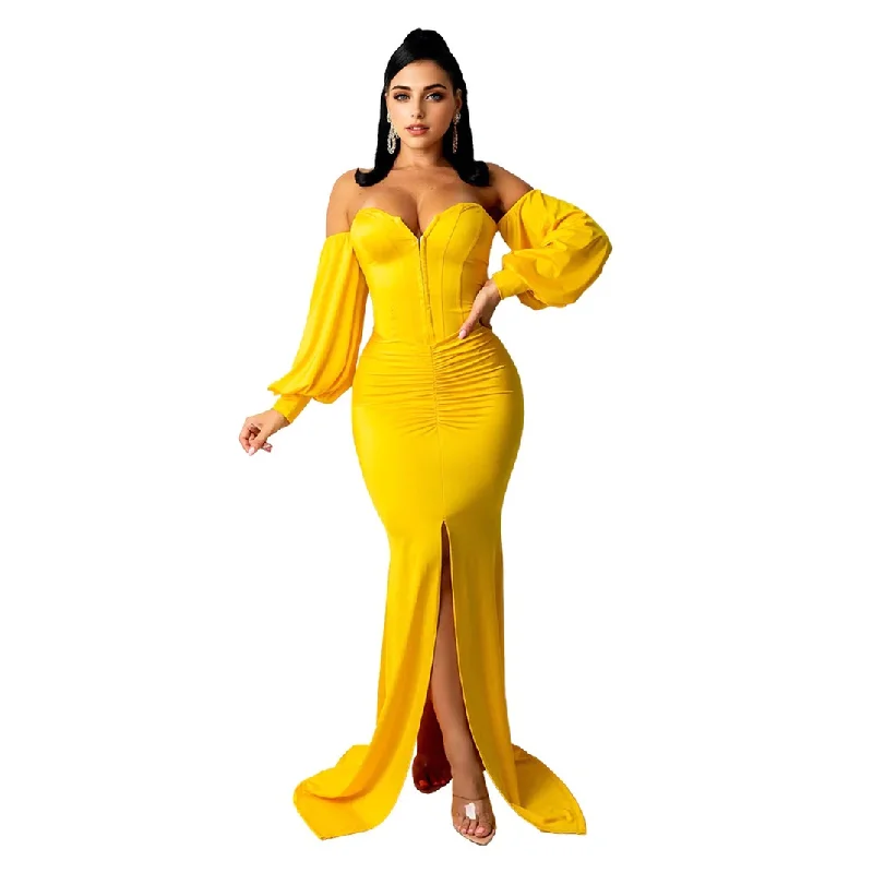 Julia Fashion - Women Sexy Slash Neck Split Maxi Dress Chic Off-Shoulder Maxi Dress