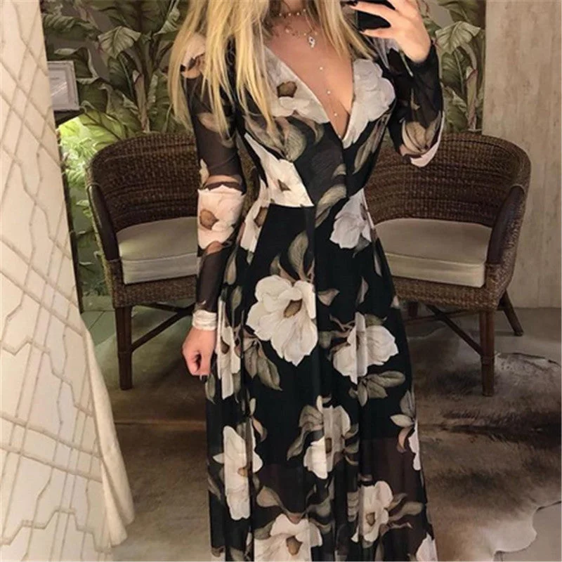 Julia Fashion - Women's Sexy V-Neck Long Sleeve Print Long Maxi Dress Stylish Long Sleeve Maxi Dress