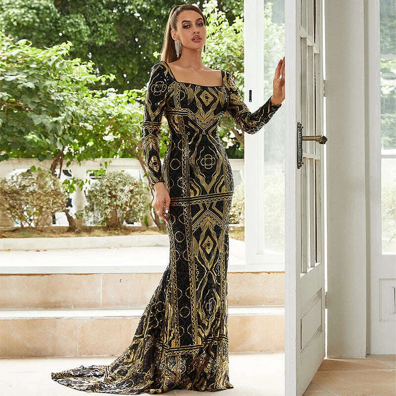 2024 Elegant Ladies Vestido De Festa Square Collar Long Sleeve Black Gold Sequined Formal Occasion Evening Party Maxi Dresses Fashionable Sleeveless Maxi Dress