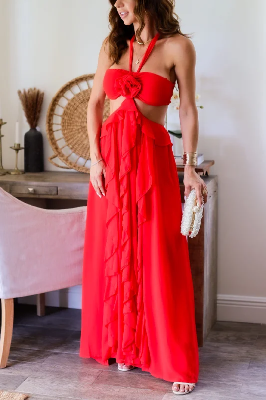 Ania Maxi Dress- Red Comfortable Plunging Neckline Maxi Dress