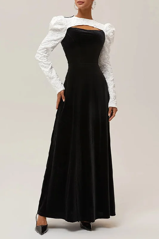 Classic Crew Neck Long Puff Sleeve A-Line Maxi Dress Comfortable Fitted Maxi Dress