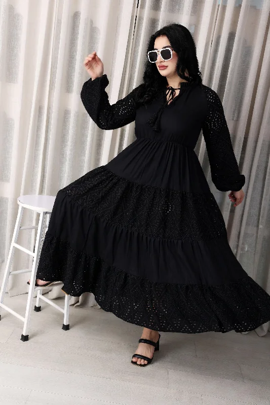 Black Solid Cutwork Maxi Dress Chic Button-Up Maxi Dress