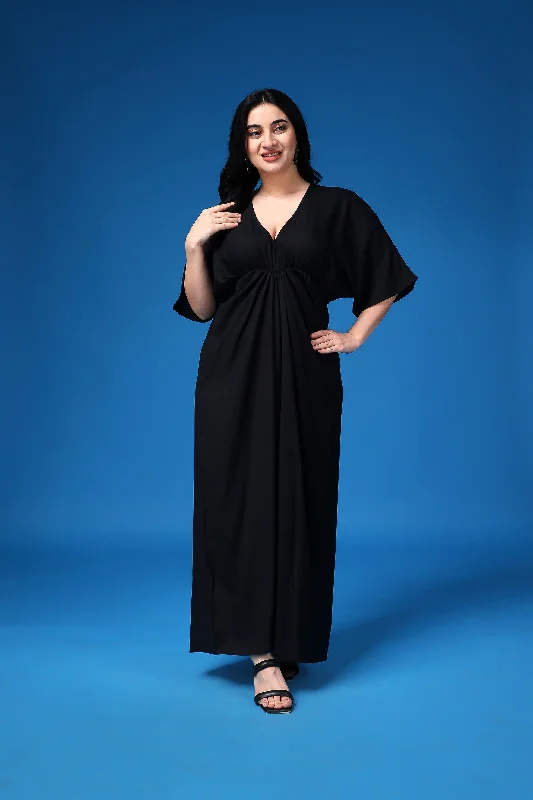 Black Solid Gathered Maxi Dresss Stylish V-Neck Maxi Dress